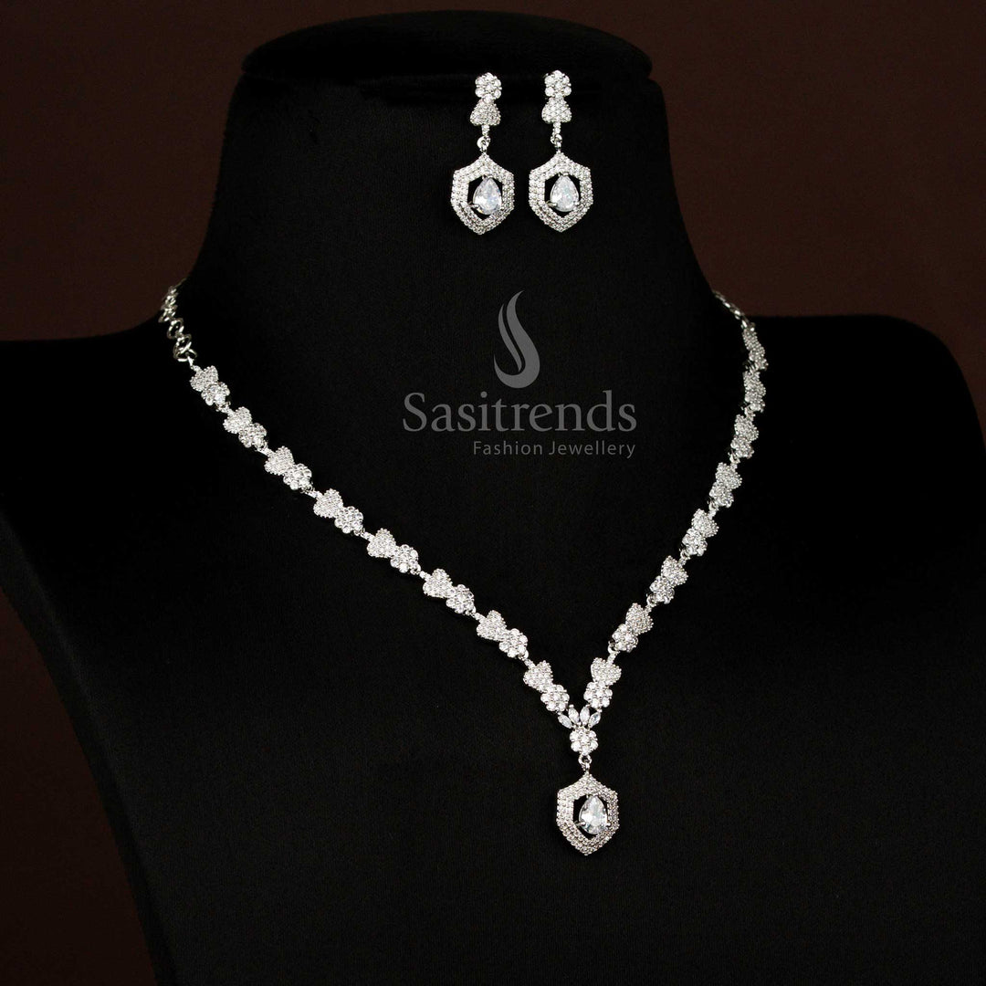 Exquisite American Diamond rhodium silver plated heart and floral white necklace with teardrop pendant, ideal for elegant party wear – Sasitrends