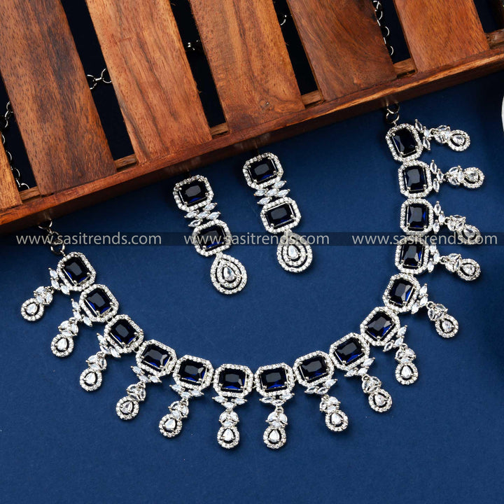 Rhodium Silver Plated Necklace Set with Blue American Diamonds - Elevate Your Style with This Stunning Blue Stone Jewelry Set.