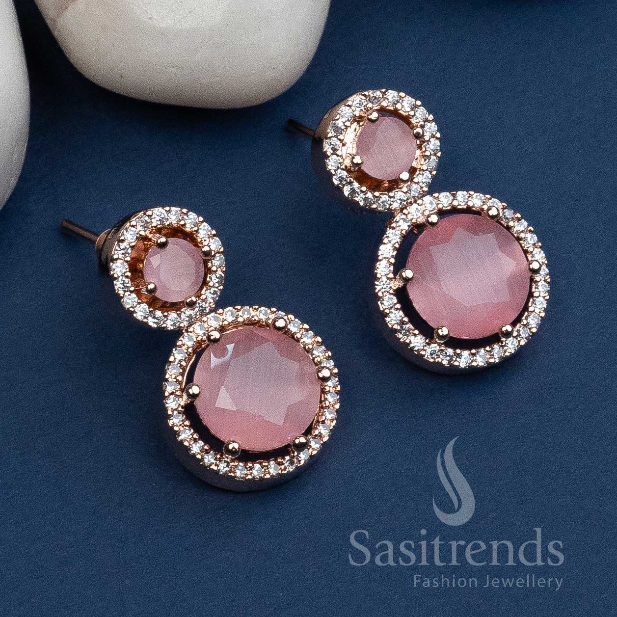 Enchanting Pink Stone Rose Gold Plated Earrings with American Diamond Stones - Sasitrends