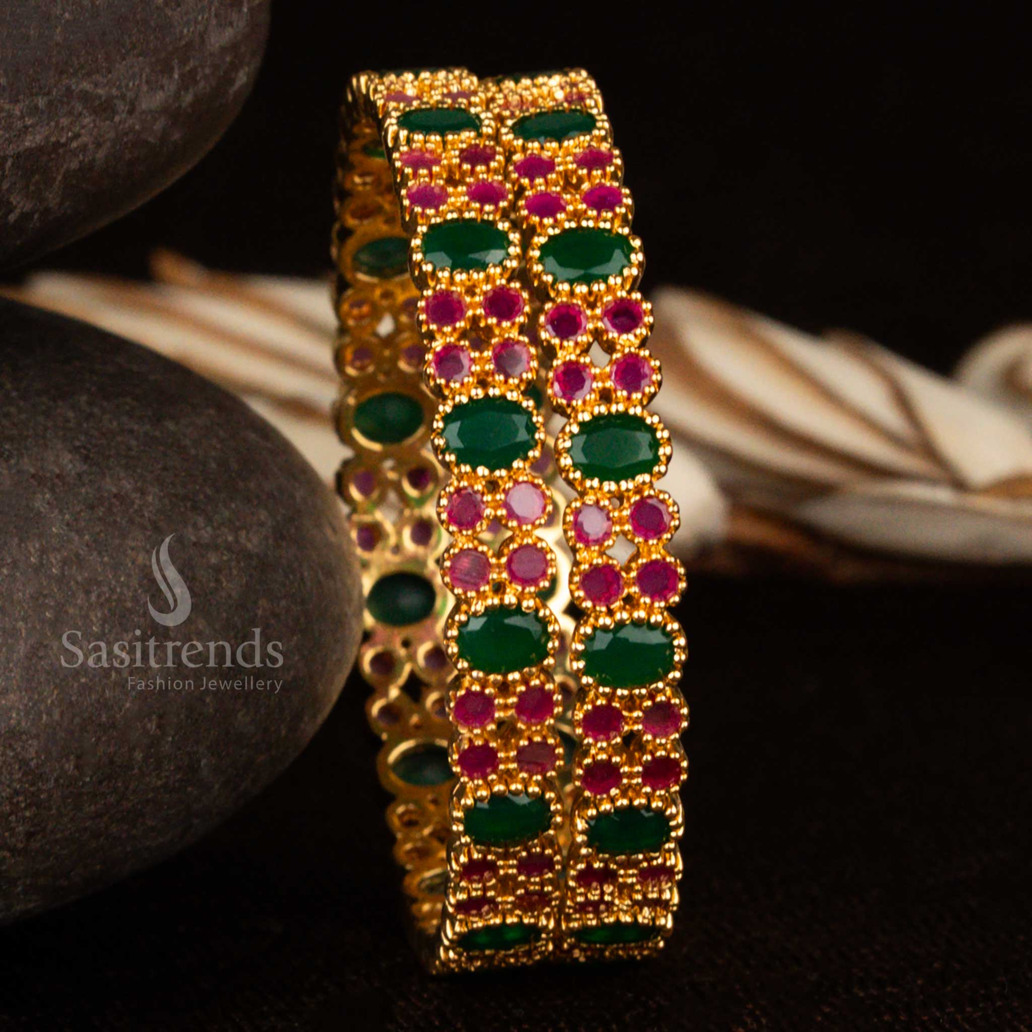 Scarletleaf exquisite American Diamond ruby green micro gold plated bangles crafted for festive celebrations, featuring rich dual-tone stone detailing with a graceful traditional finish – Sasitrends