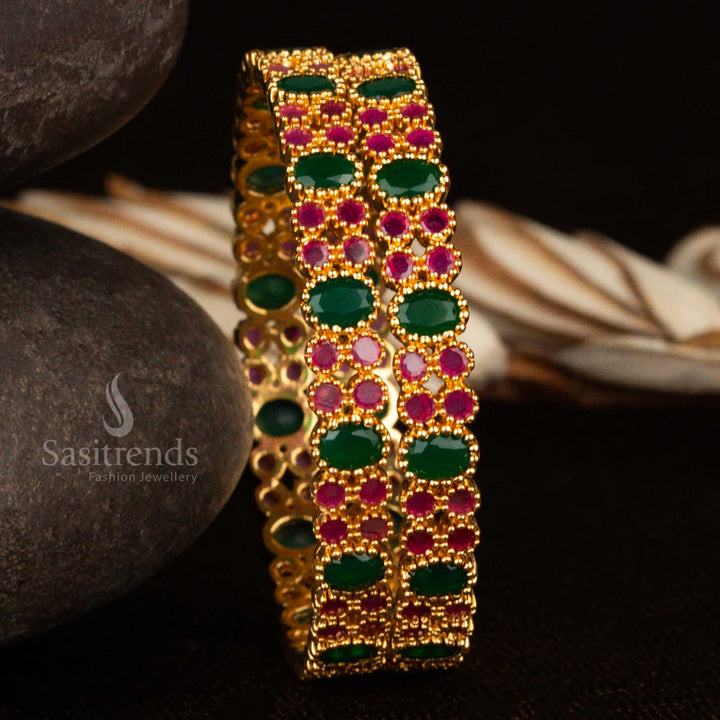 Scarletleaf exquisite American Diamond ruby green micro gold plated bangles crafted for festive celebrations, featuring rich dual-tone stone detailing with a graceful traditional finish – Sasitrends
