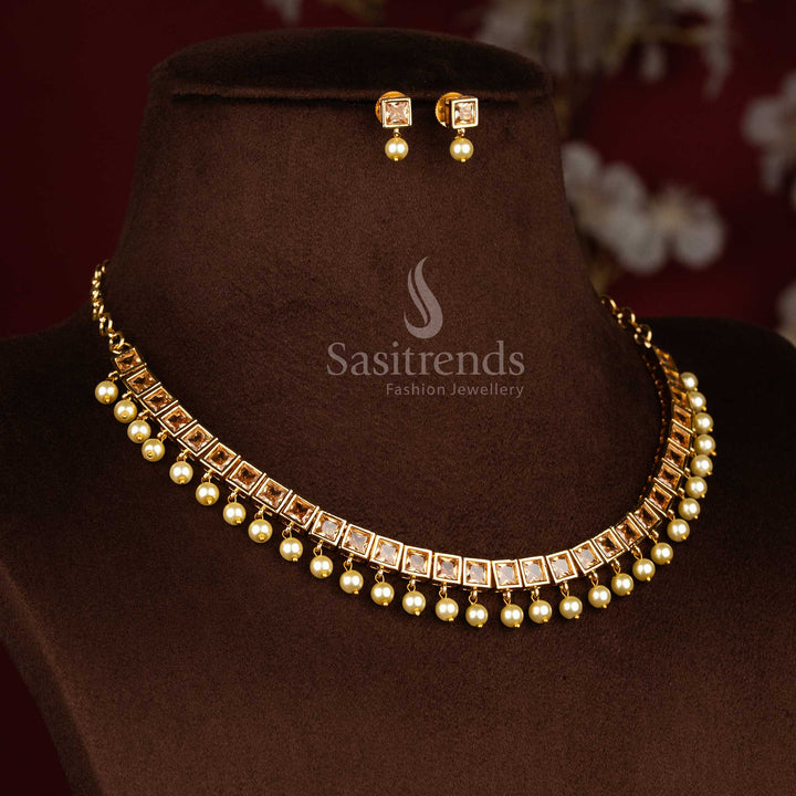 Elegant honey hued American diamond square cut necklace set with pearl drop accents for modern grace jewellery - Sasitrends