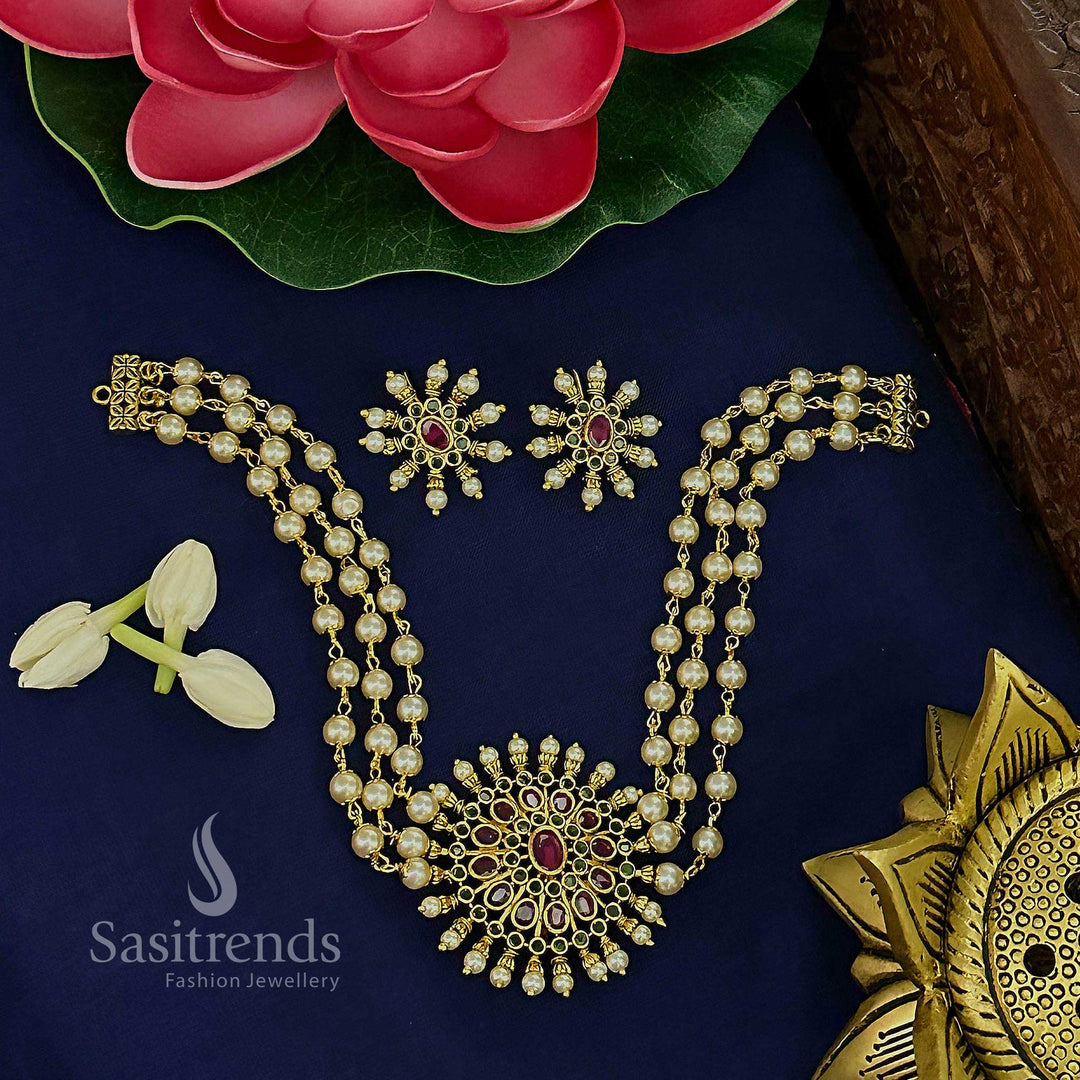 Exquisite Ruby-Green Stone Choker Necklace - Matte Gold Plated Floral Pendant & Earrings