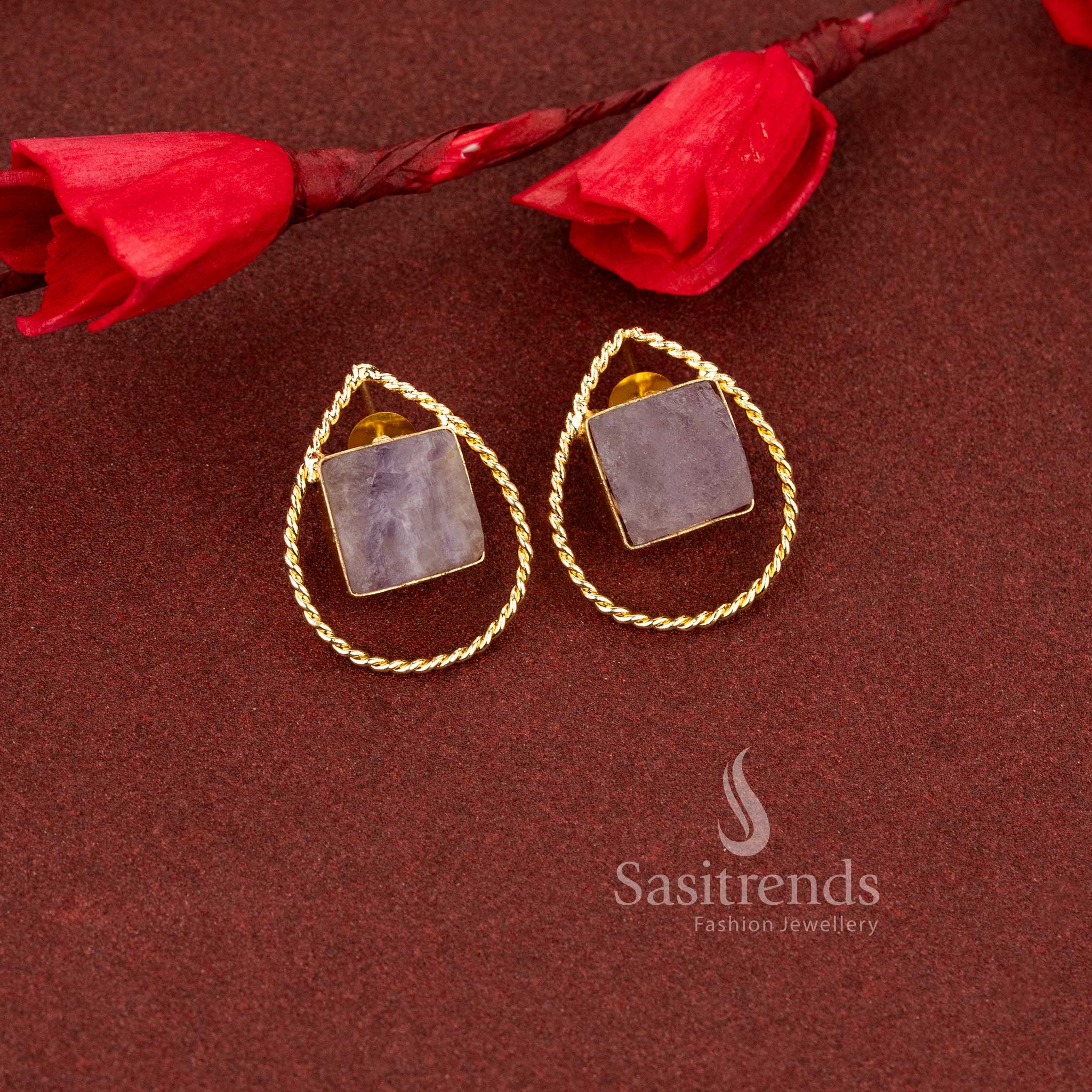 Graceful pear cut natural purple stone gold plated rope stud earrings blending elegance and simplicity for work and casual outfits - Sasitrends