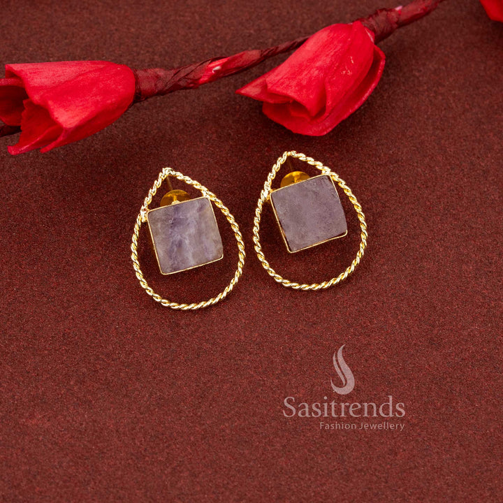 Graceful pear cut natural purple stone gold plated rope stud earrings blending elegance and simplicity for work and casual outfits - Sasitrends