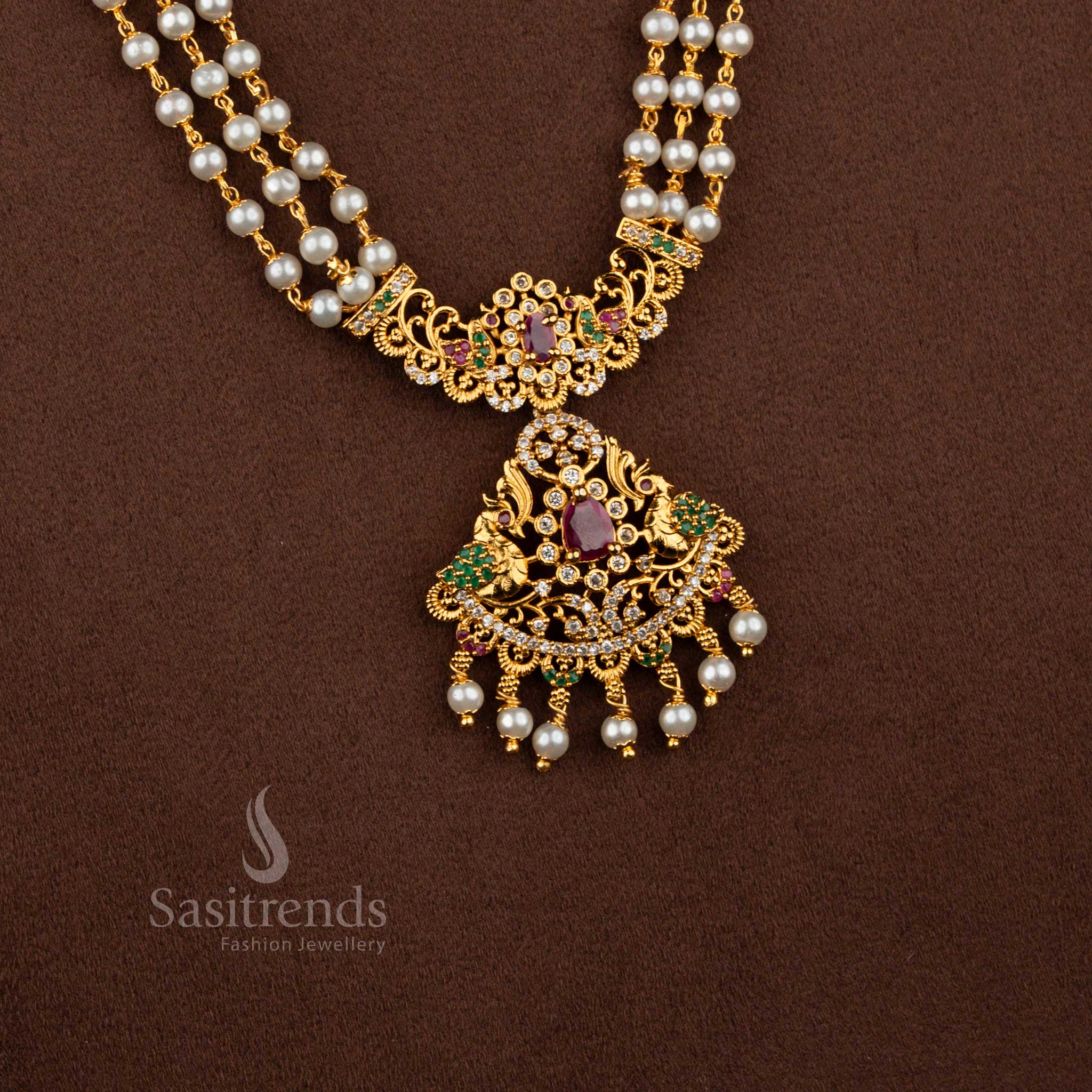 Mangala grace matte gold plated triple layer pearl pendant temple long haram necklace perfect for auspicious days, temple rituals, and festive worship – Sasitrends