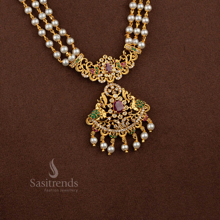 Mangala grace matte gold plated triple layer pearl pendant temple long haram necklace perfect for auspicious days, temple rituals, and festive worship – Sasitrends