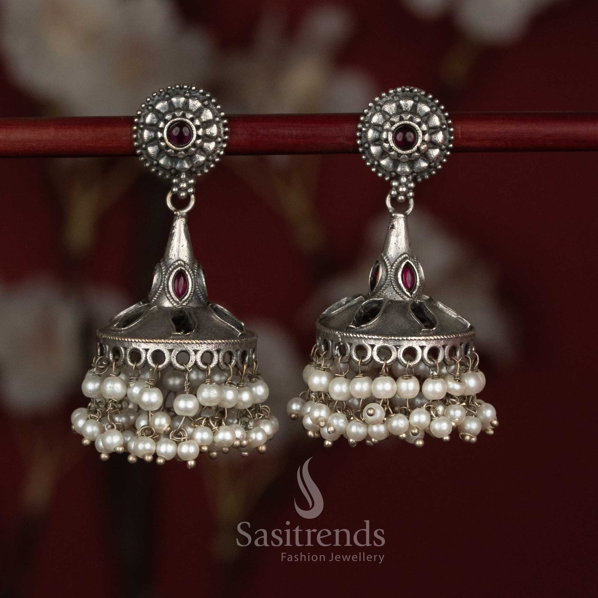 Antique oxidised 92.5 silver round floral bell dome jhumka earrings with pearls - Sasitrends