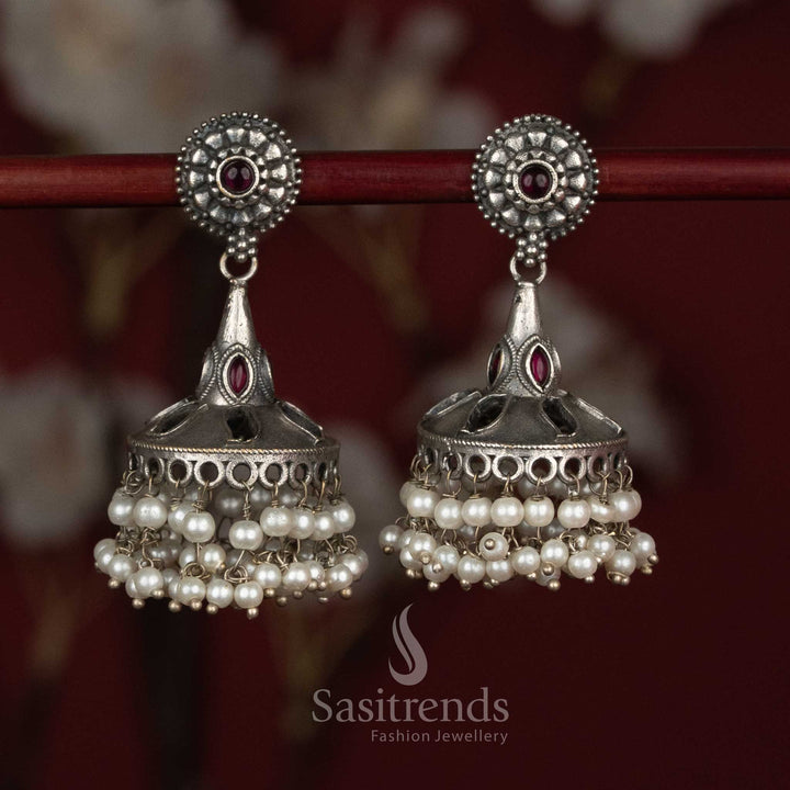 Antique Oxidised 92.5 Silver Plated Round Floral Bell Dome Jhumka Earrings with Pearl Hangings for Ethnic Wear