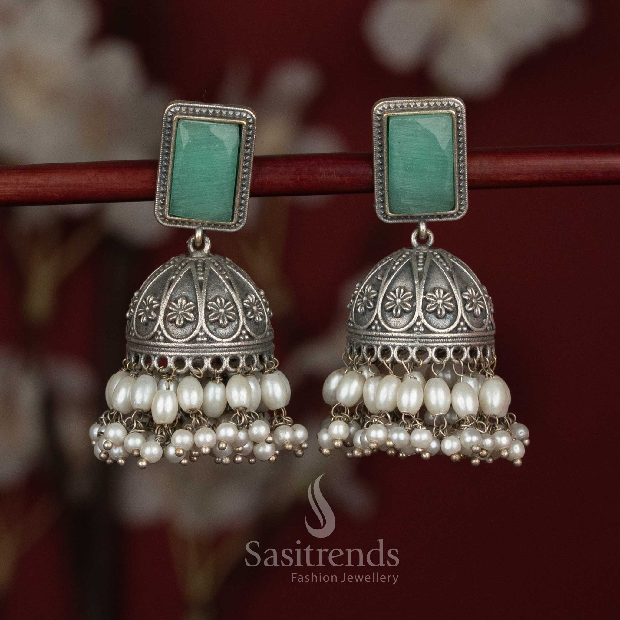 Antique oxidised 92.5 silver rectangular stud jhumka earrings with Monalisa stones and rice pearls