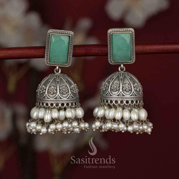 Antique oxidised 92.5 silver rectangular stud jhumka earrings with Monalisa stones and rice pearls