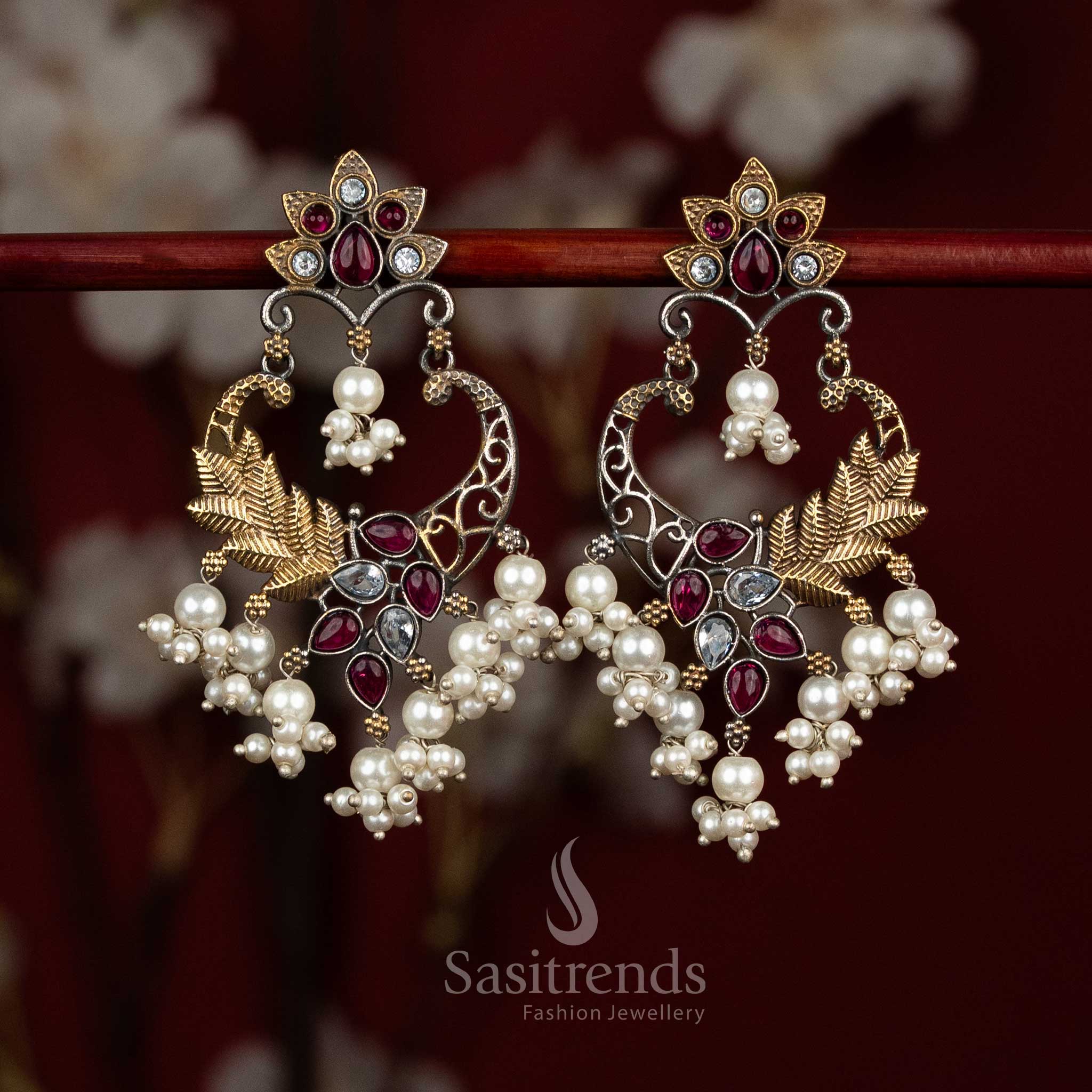 Traditional style oxidised 92.5 silver earrings featuring white ruby Monalisa stones, ornate mandala chandbali silhouette, peacock arch artistry and pearl bunch hangings for timeless ethnic wear - Sasitrends