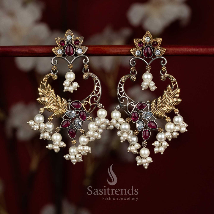 Traditional style oxidised 92.5 silver earrings featuring white ruby Monalisa stones, ornate mandala chandbali silhouette, peacock arch artistry and pearl bunch hangings for timeless ethnic wear - Sasitrends