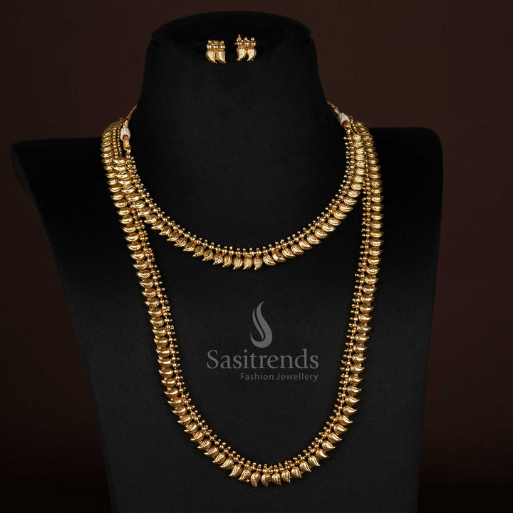 Antique Gold Plated traditional short and long chain combo with matching earrings, perfect for saree and festive wear - Sasitrends

