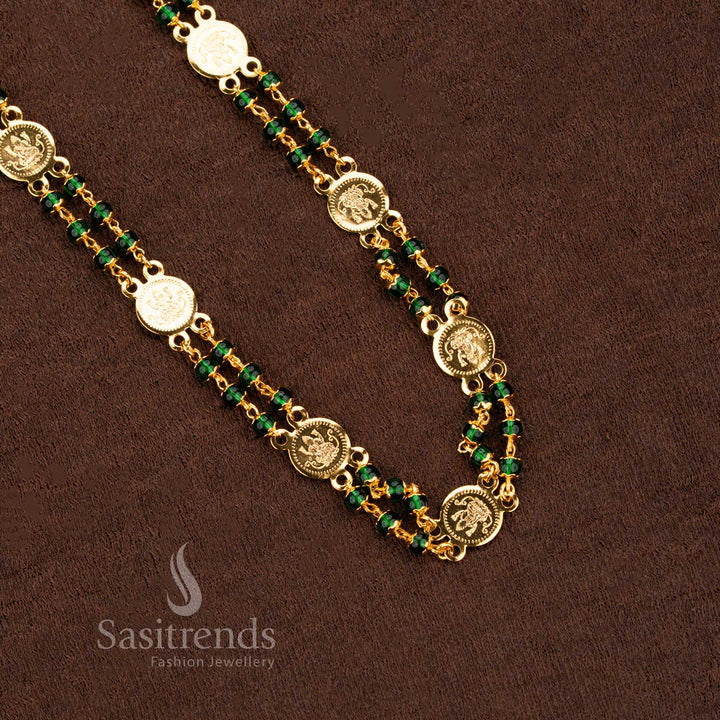 Traditional Green Lakshmi Coin Temple Chain With Micro Gold Plated Finish And Floral Accent Jewellery - Sasitrends