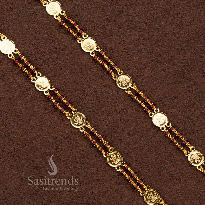Divine Maroon Stone Lakshmi Coin Necklace In Micro Gold With Temple Goddess Motif Styling Jewellery - Sasitrends