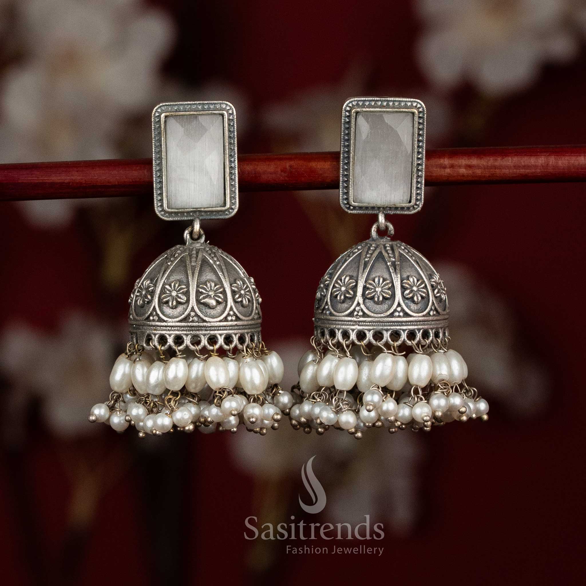 Ivory glow antique oxidised 92.5 silver rectangular stud floral dome jhumka earrings with monalisa stones and rice pearls for party - jewellery - Sasitrends