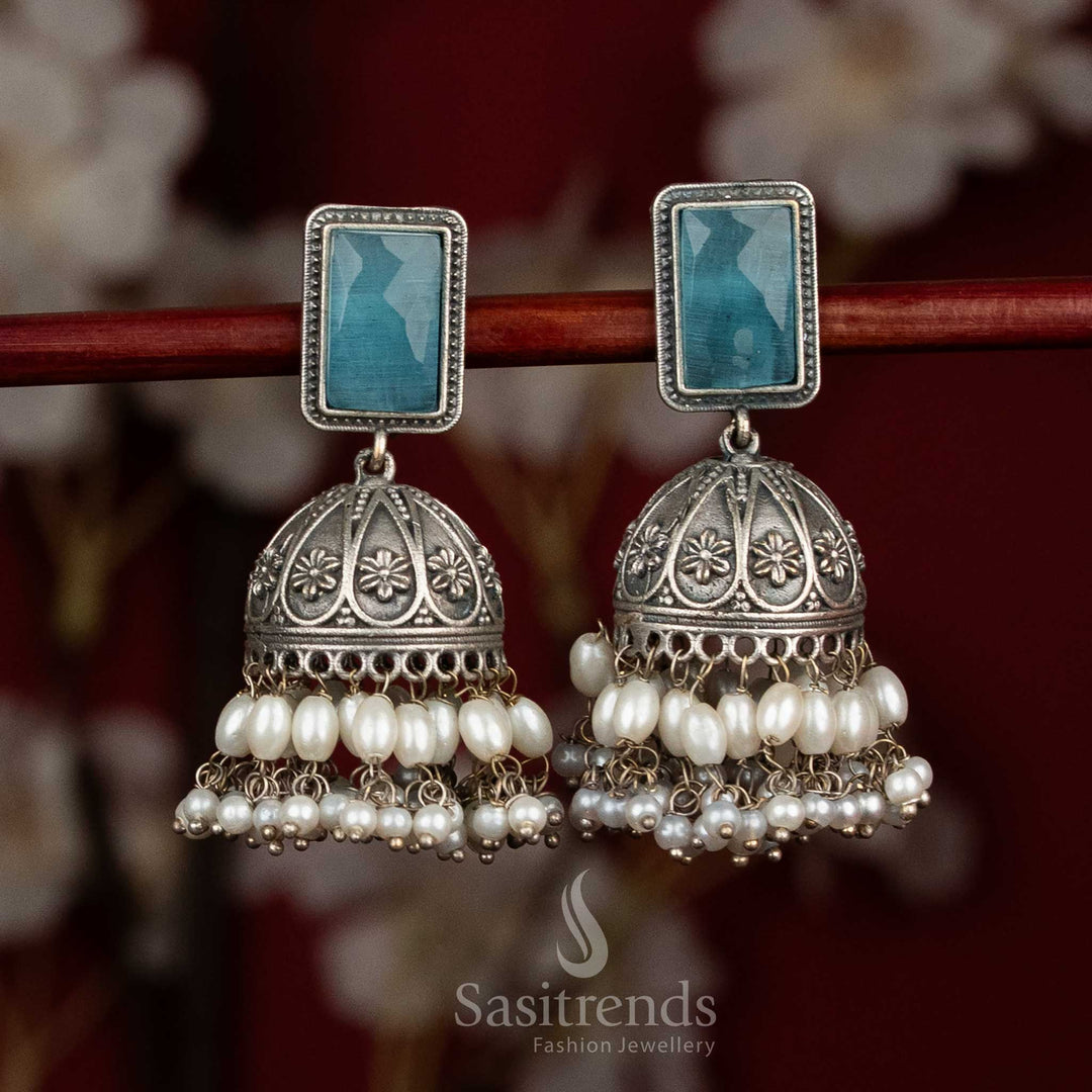 Breezy lustre antique oxidised 92.5 silver rectangular stud floral dome jhumka earrings with monalisa stones and rice pearls for party style - jewellery - Sasitrends