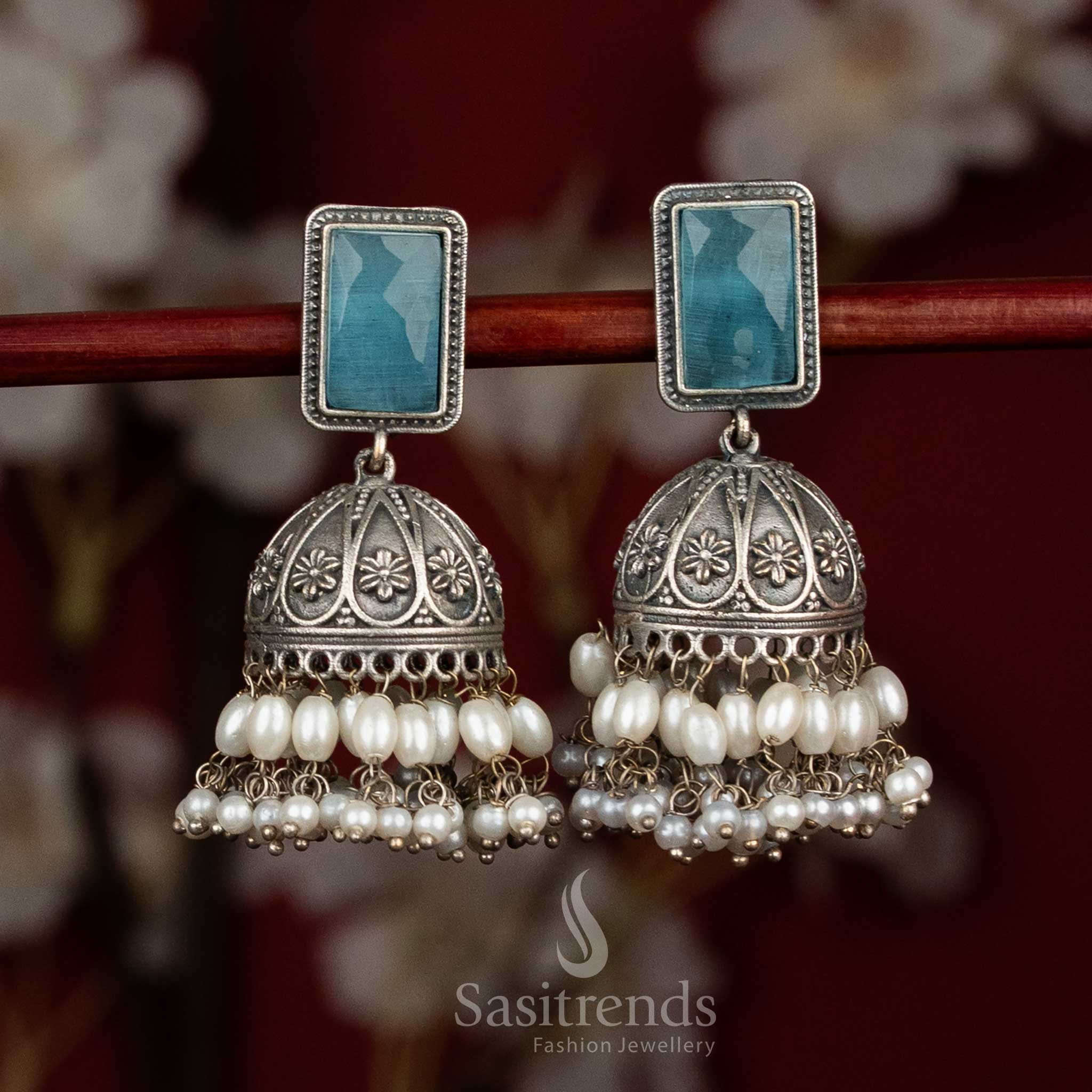 Breezy lustre antique oxidised 92.5 silver rectangular stud floral dome jhumka earrings with monalisa stones and rice pearls for party style - jewellery - Sasitrends