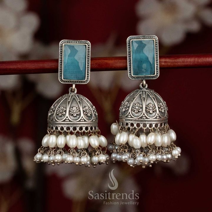 Breezy lustre antique oxidised 92.5 silver rectangular stud floral dome jhumka earrings with monalisa stones and rice pearls for party style - jewellery - Sasitrends