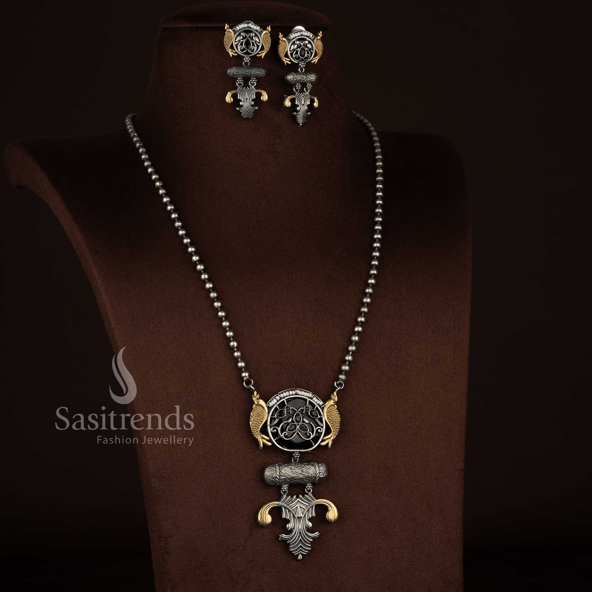 Bold Antique Oxidised 92.5 Silver Plated Dual Fish Circular Medallion Pendant Long Necklace Jewellery Set with Cylindrical Bar Bead Chain black colour for ethnic parties Sasitrends