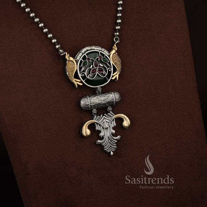 Majestic Antique Oxidised 92.5 Silver Plated Dual Fish Circular Medallion Pendant Long Necklace Jewellery Set with Cylindrical Bar Bead Chain ruby green colour for traditional functions Sasitrends