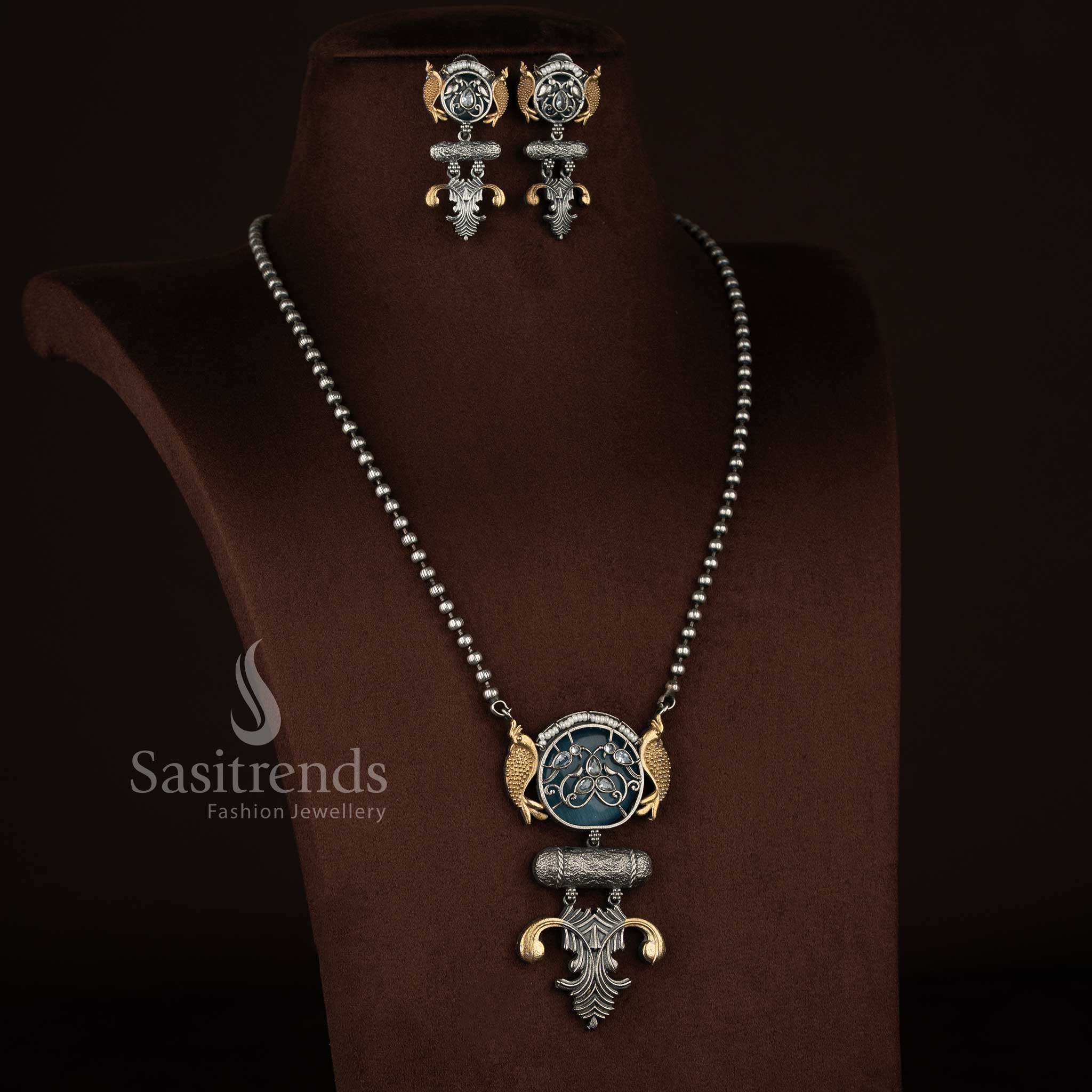 Elegant Antique Oxidised 92.5 Silver Plated Dual Fish Circular Medallion Pendant Long Necklace Jewellery Set with Cylindrical Bar Bead Chain white colour for temple visits Sasitrends