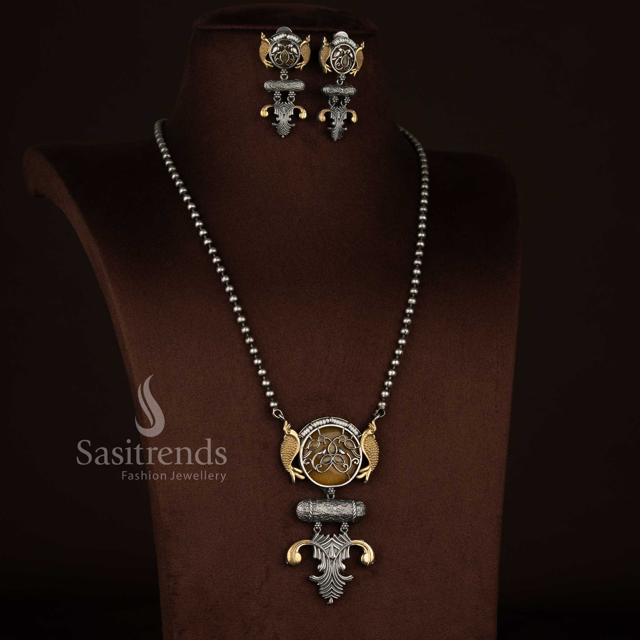Vibrant Antique Oxidised 92.5 Silver Plated Dual Fish Circular Medallion Pendant Long Necklace Jewellery Set with Cylindrical Bar Bead Chain yellow colour for folk festivals Sasitrends