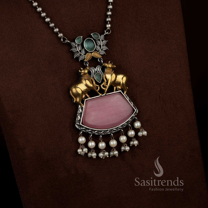 Exquisite Antique Oxidised 92.5 Silver Plated Dual Tone Pichwai Kamadhenu Leaf Statement Necklace Set with Pearl Pendant Bead Chain for festive cultural events Sasitrends