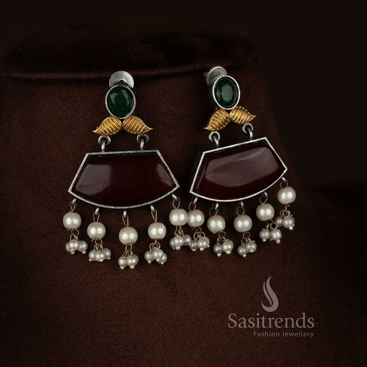 Heritage style oxidised 92.5 silver dual tone red green cow motif leaf earrings with trapezoid stone pearl pendant chain for traditional jewellery - Sasitrends