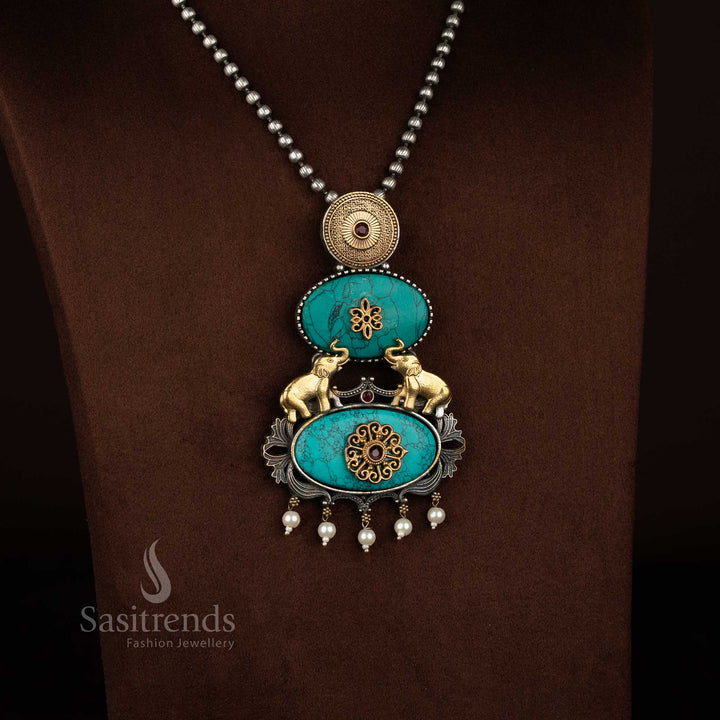 Heritage style oxidised 92.5 silver turquoise blue elephant design Monalisa stone pendant long necklace with pearl hanging for cultural jewellery - Sasitrends