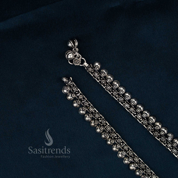 Oxidised German silver round bead anklets designed for bohemian daily wear, casual outings, and laid-back styling – Sasitrends