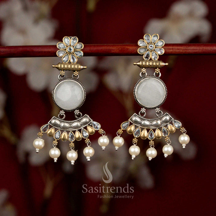 Elegant oxidised silver earrings featuring white Monalisa stones, sculpted round crescent flower motifs and pearl accents for refined festive wear - Sasitrends