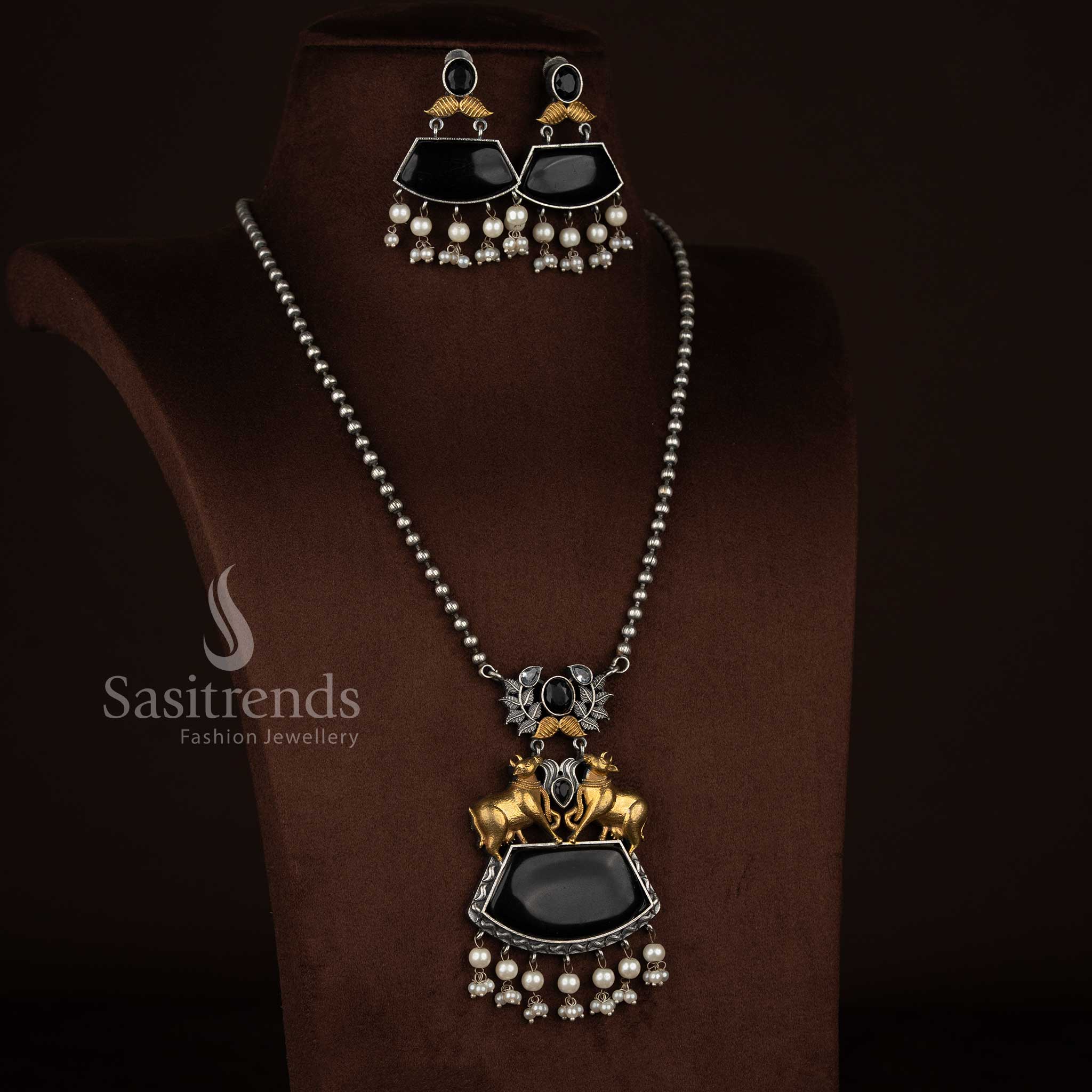 Antique Oxidised 92.5 Silver Plated Dual Tone Pichwai Kamadhenu Leaf Statement Necklace Set with Pearl Trapezoid Stones for temple festivals Sasitrends