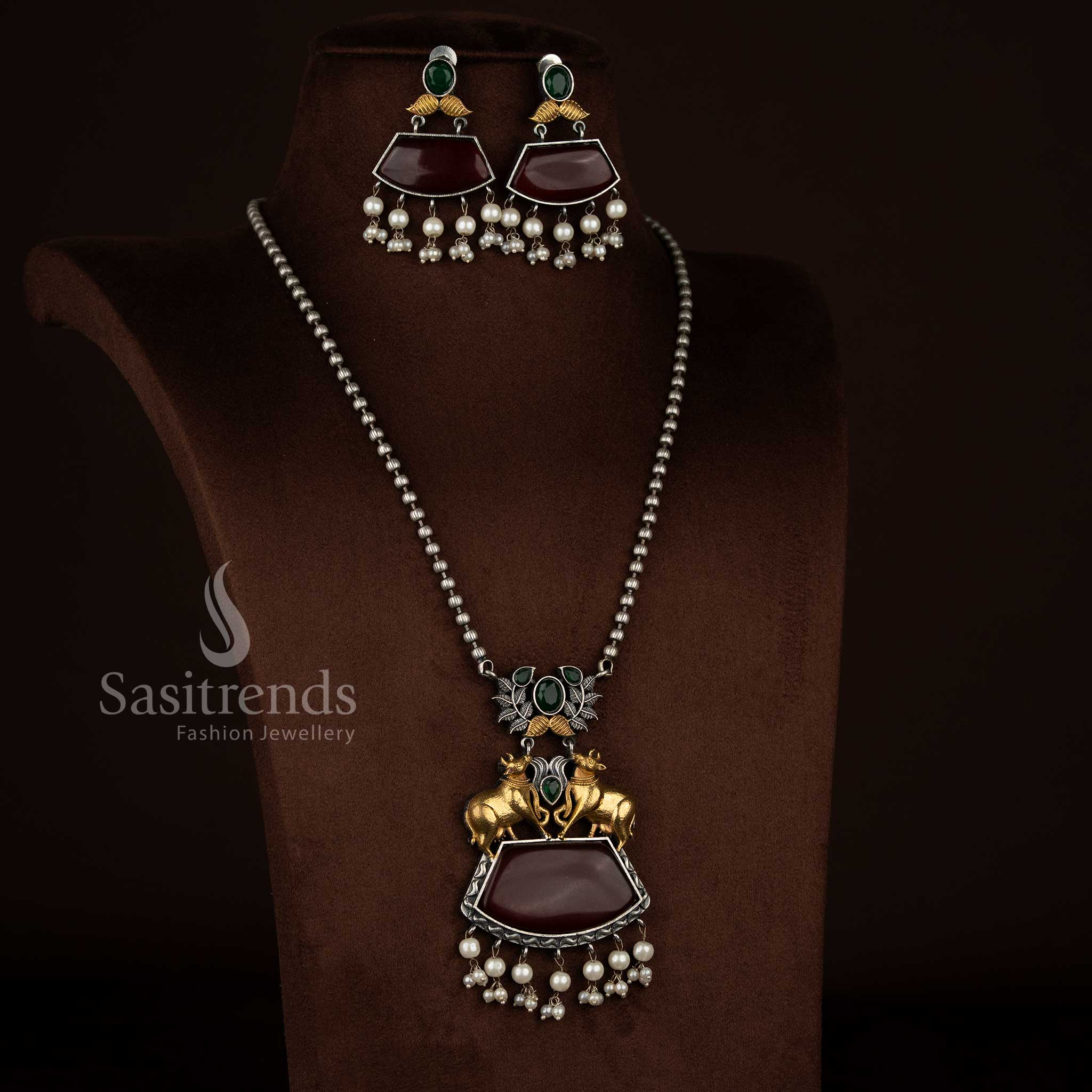 Antique Oxidised 92.5 Silver Plated Dual Tone Pichwai Kamadhenu Leaf Statement Necklace Set with Pearl Trapezoid Stones for traditional festivals Sasitrends