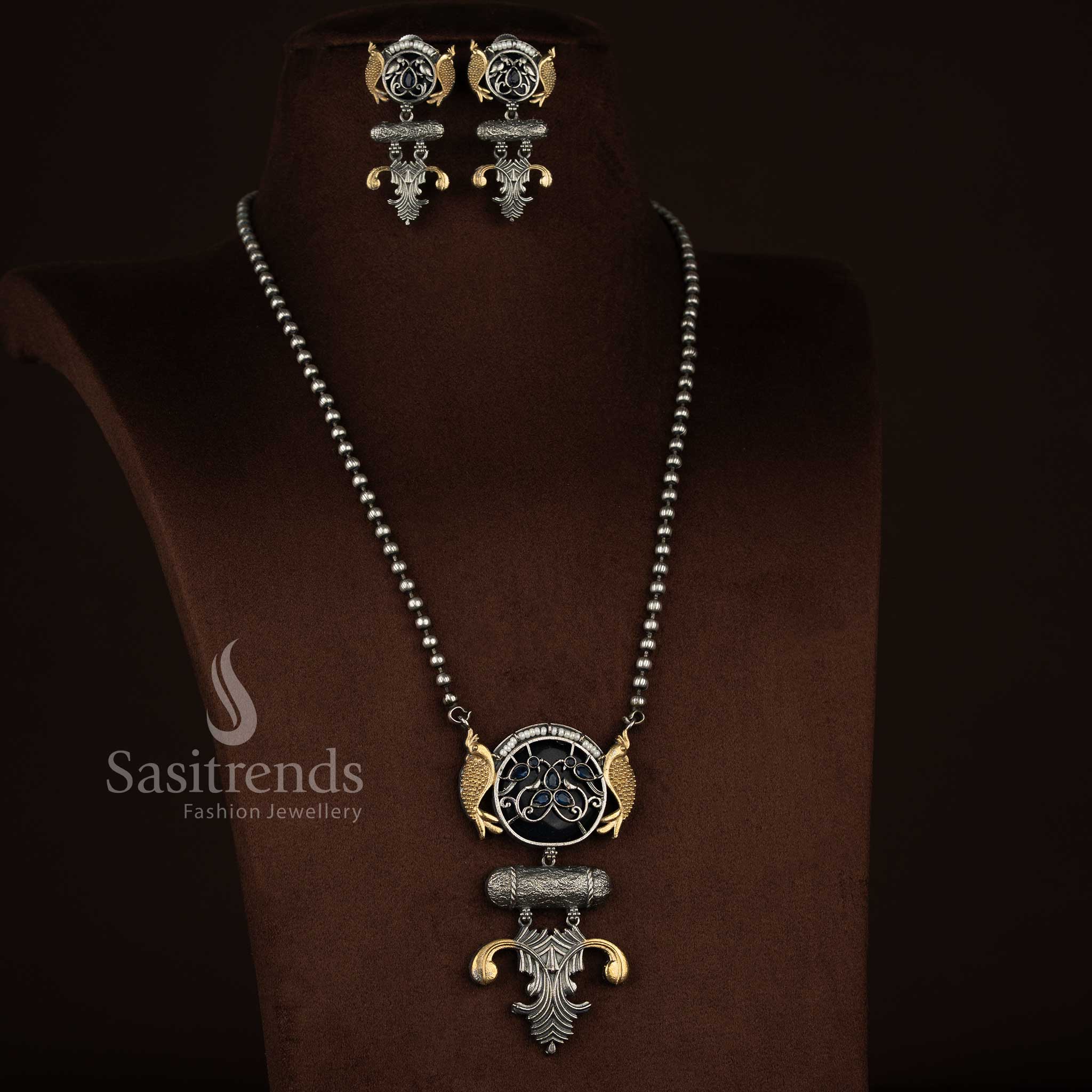 Serene Antique Oxidised 92.5 Silver Plated Dual Fish Circular Medallion Pendant Long Necklace Jewellery Set with Cylindrical Bar Bead Chain blue colour for traditional gatherings Sasitrends
