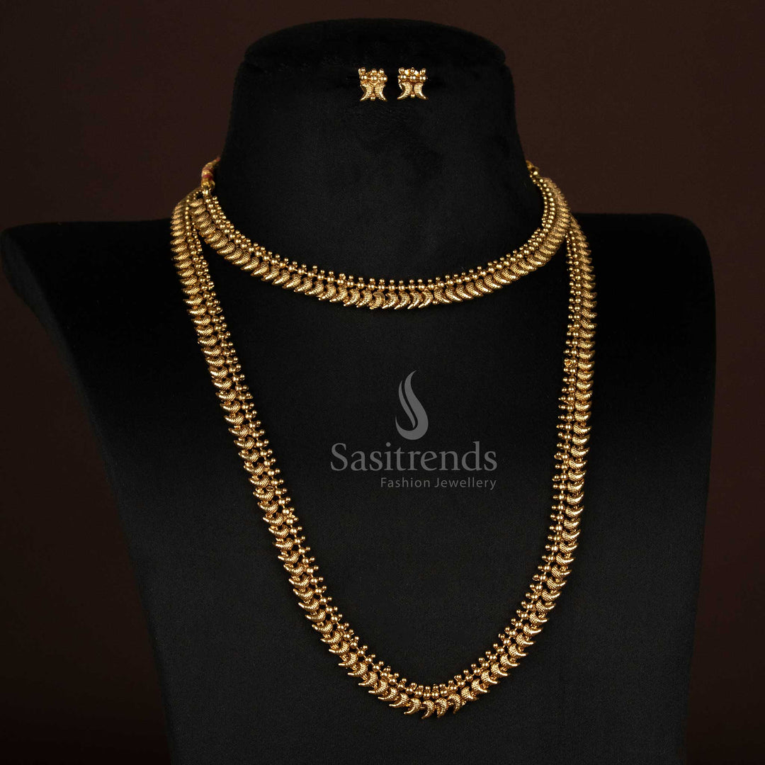 Antique Gold Plated traditional combo set featuring mango motif chains and matching earrings for wedding and festive wear - Sasitrends

