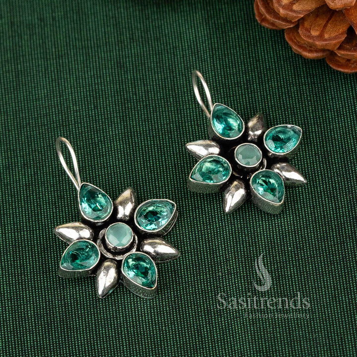 Aqua Blue Oxidised Flower Designer Stones Stud Earrings With Soft Water-Inspired Petals – Trendy Pastel Jewellery - Sasitrends

