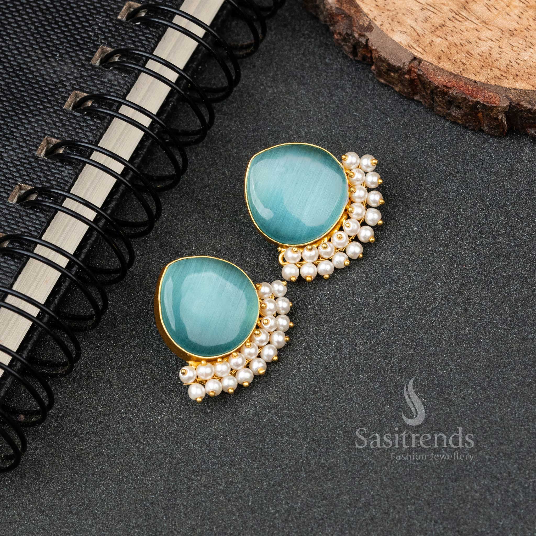 Gold Plated Pearl Hanging Monalisa Stone Studded Push Back Earrings