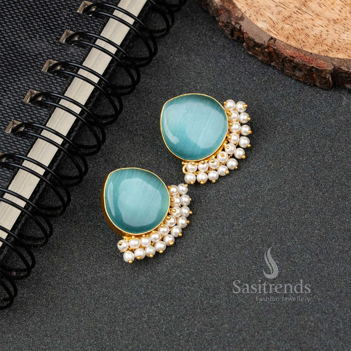 Gold Plated Pearl Hanging Monalisa Stone Studded Push Back Earrings