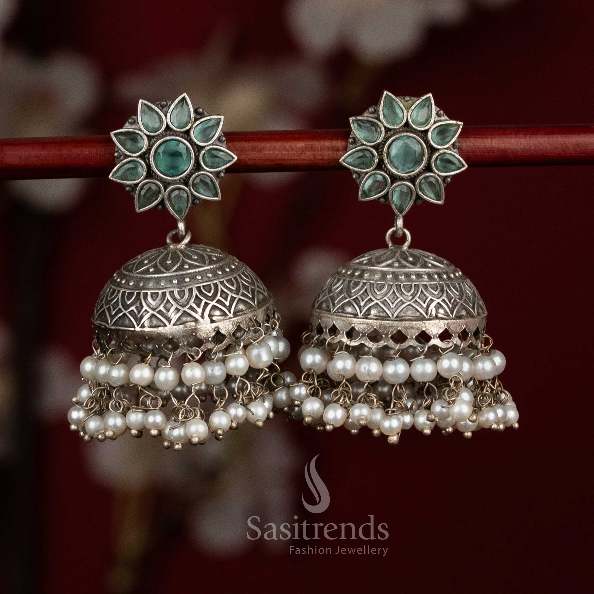 Seafoam antique oxidised 92.5 silver mint floral dome jhumka earrings with pearl tiers for cultural glow - jewellery - Sasitrends