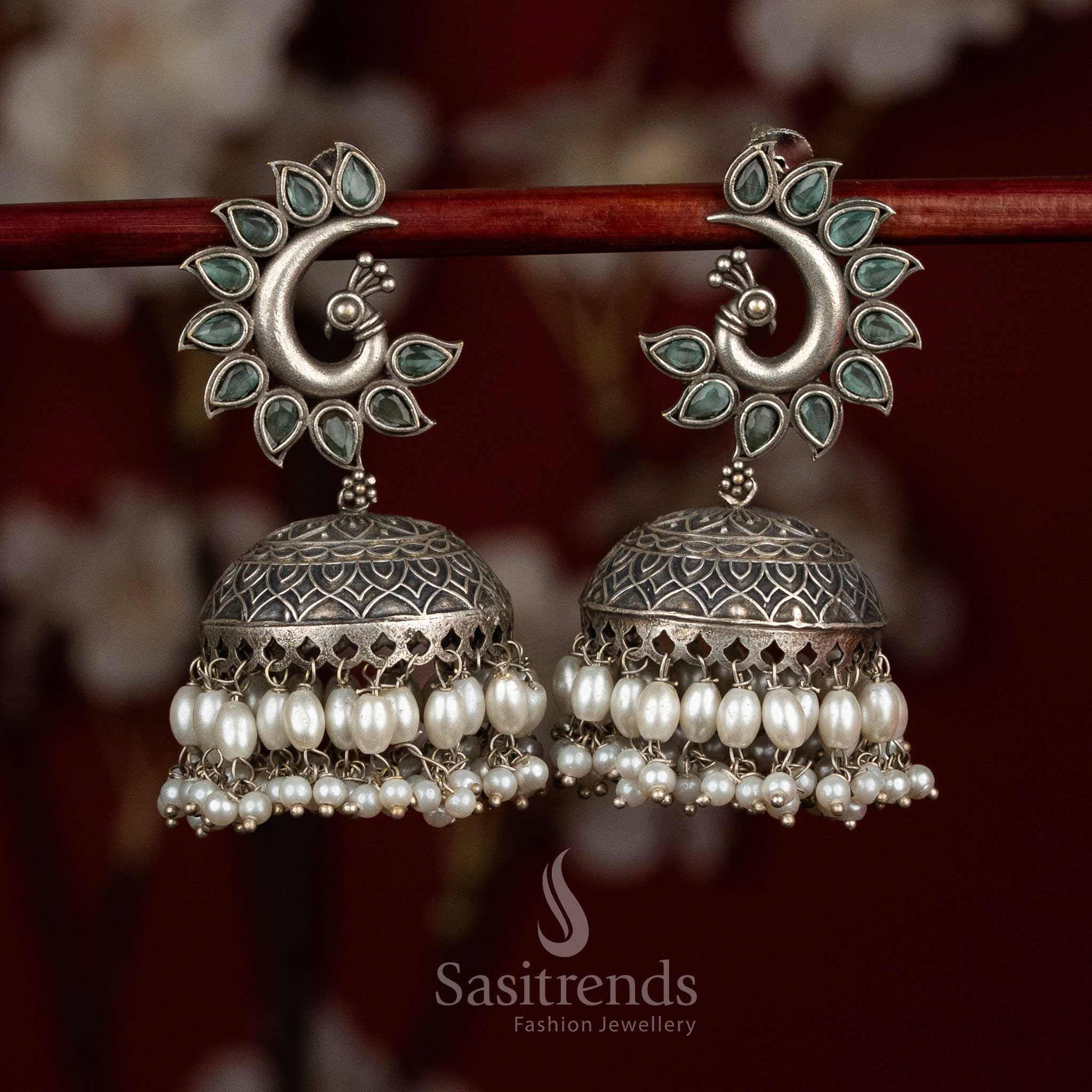 Sea breeze oxidised 92.5 silver mint peacock dome jhumka earrings with pearl fringes for cultural elegance - jewellery - Sasitrends