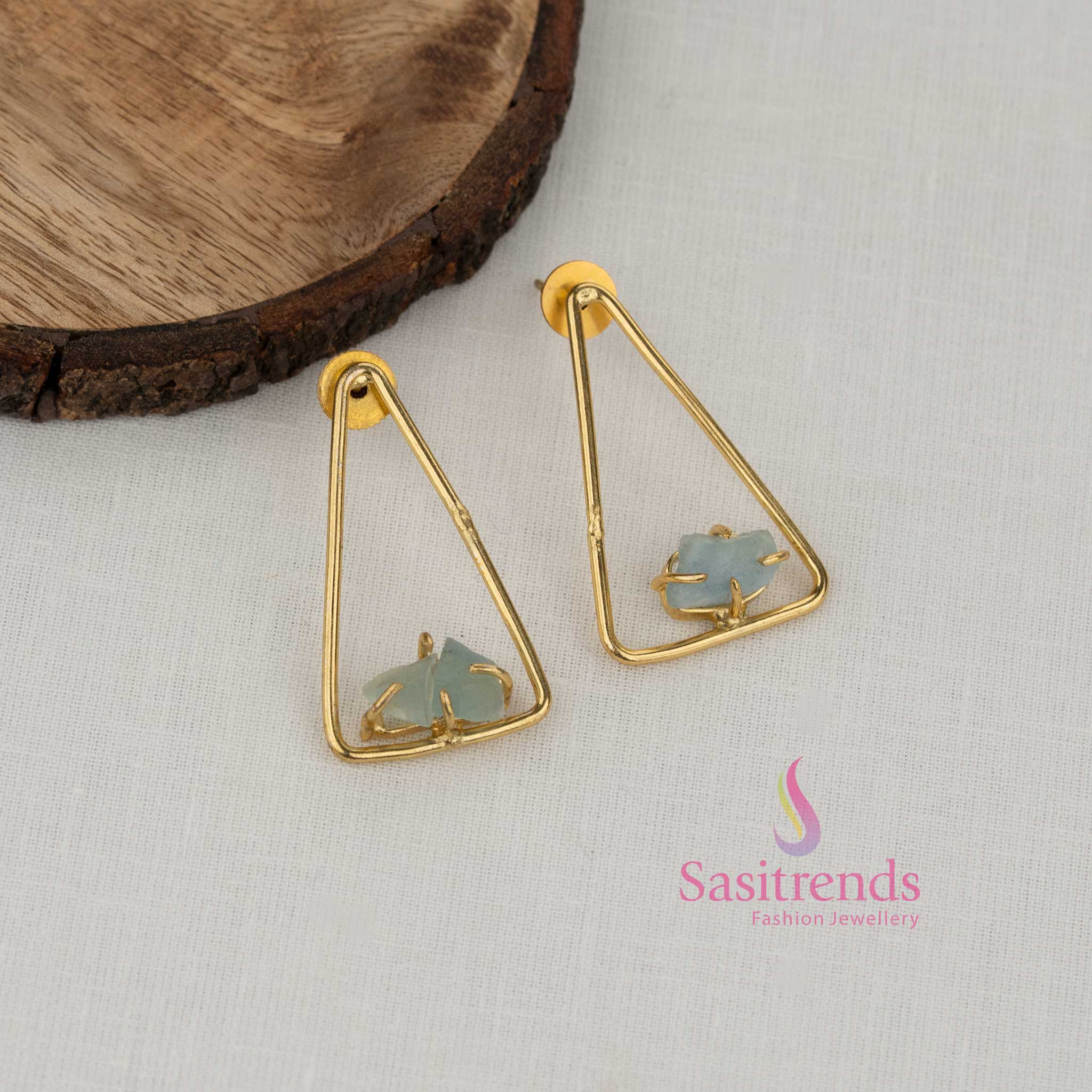 Serene sky blue triangle natural stone gold plated earrings crafted to complement graceful ethnic wear professional attire and casual styling - Sasitrends