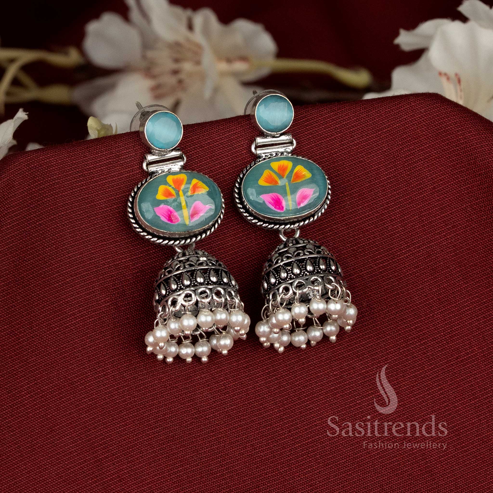 Seamist oxidised hand-painted jhumka earrings adorned with aqua blue Monalisa oval stones for traditional and festive celebration style – Sasitrends
