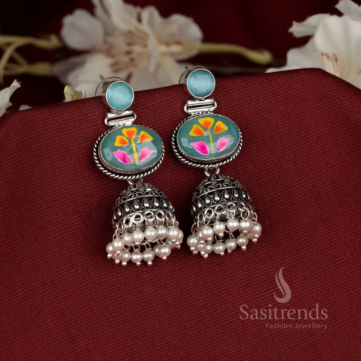 Seamist oxidised hand-painted jhumka earrings adorned with aqua blue Monalisa oval stones for traditional and festive celebration style – Sasitrends