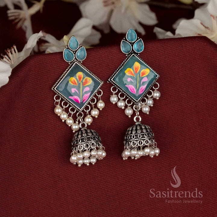 Oxidised aqua-blue Monalisa diamond-cut jhumka earrings offering refreshing celebration style with artisanal finishing – Sasitrends