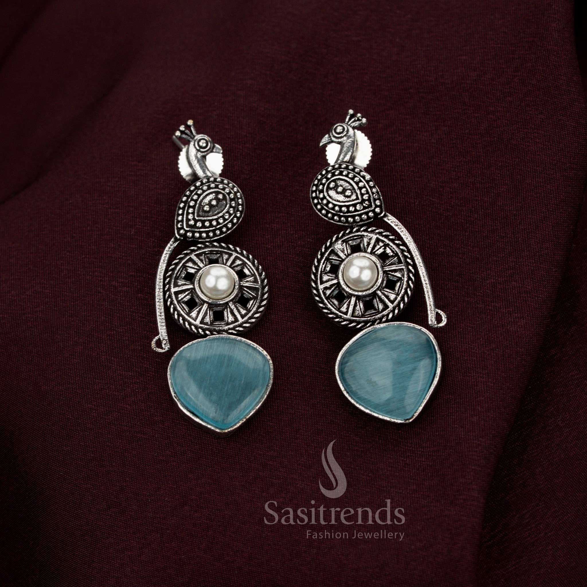 Splendid mint oxidised peacock earrings with divine craftsmanship created with pearl accents ideal for legacy Navarathri grandeur radiant occasions and opulent jewellery beauty – Sasitrends