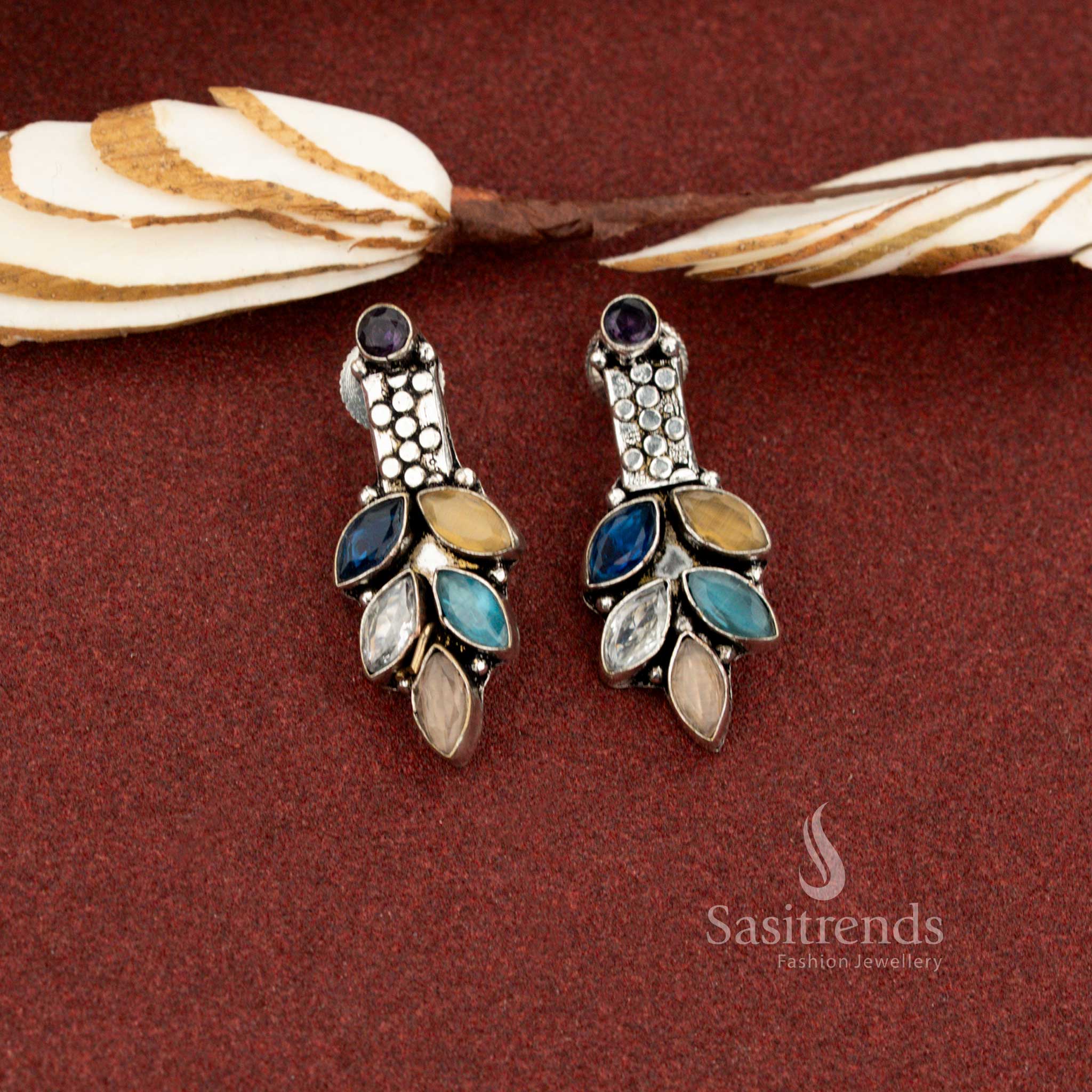 Artful multi colour oxidised marquise leaf cluster stone earrings suitable for professional workday looks and smart outfits – Sasitrends