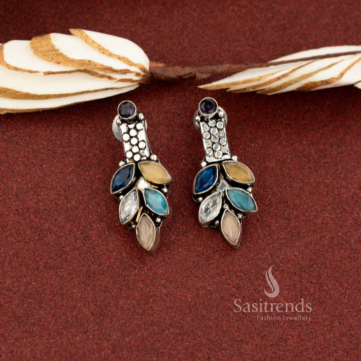 Artful multi colour oxidised marquise leaf cluster stone earrings suitable for professional workday looks and smart outfits – Sasitrends