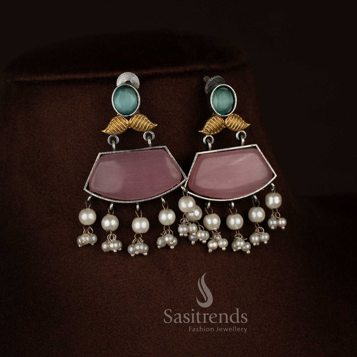Bohemian heritage oxidised 92.5 silver dual tone pink mint cow motif leaf statement earrings with pearl pendant chain jewellery - Sasitrends
